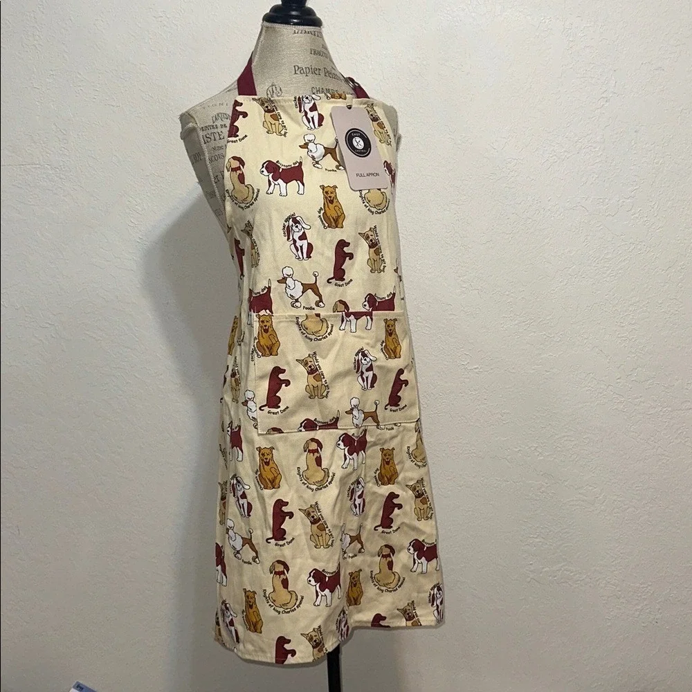 Chef Central Canines Full Apron Cotton Dog Breed Print Cream Burgundy New